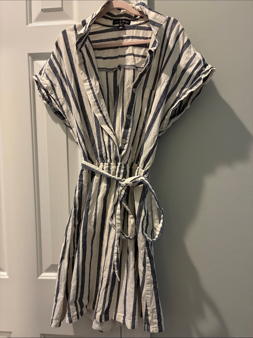 As U Wish Navy and White Striped Button-Front Tie-Waist Dress